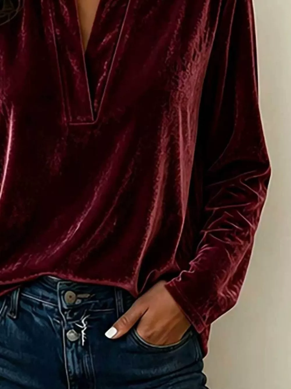 Full Size Velvet Notched Long Sleeve Blouse Plus Size, image 6