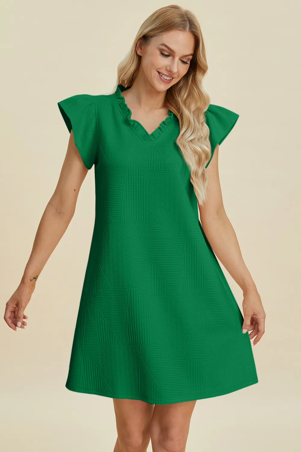 Full Size Ruffled V-Neck Cap Sleeve Dress, image 15