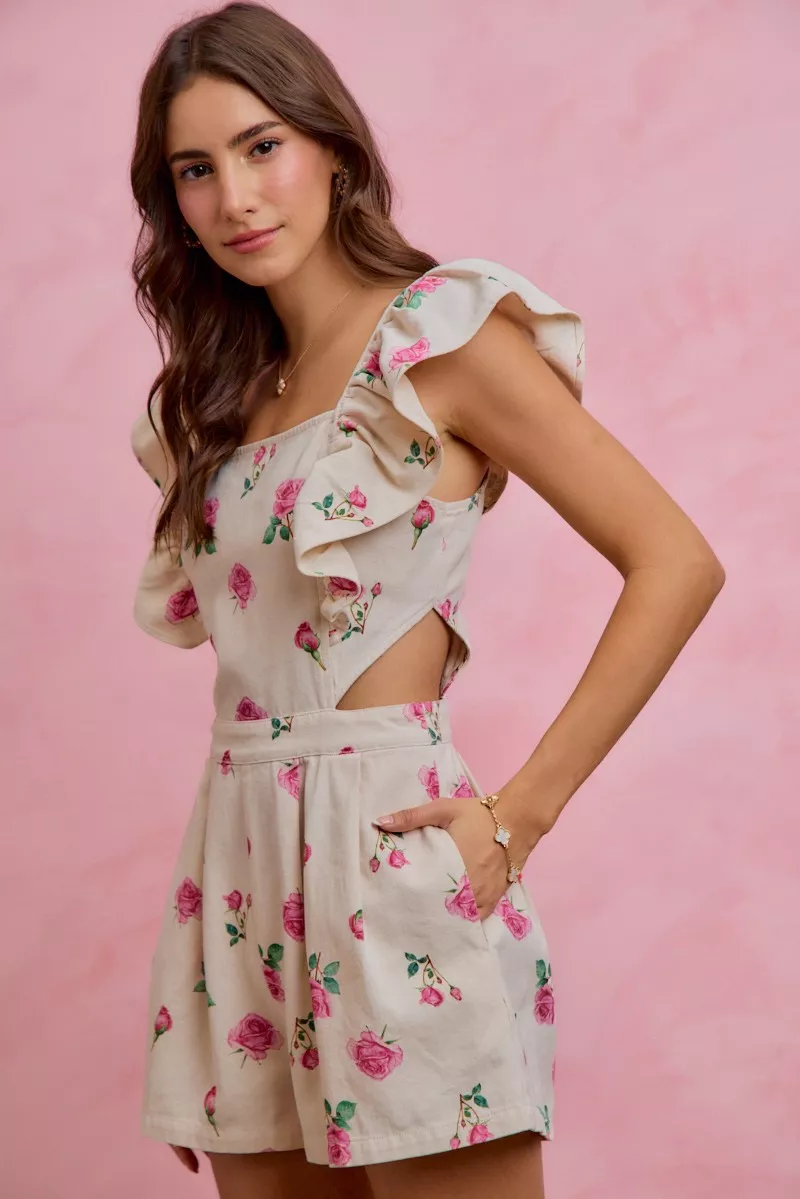 Floral Print Denim Cut Out Waist Ruffled Romper, image 3