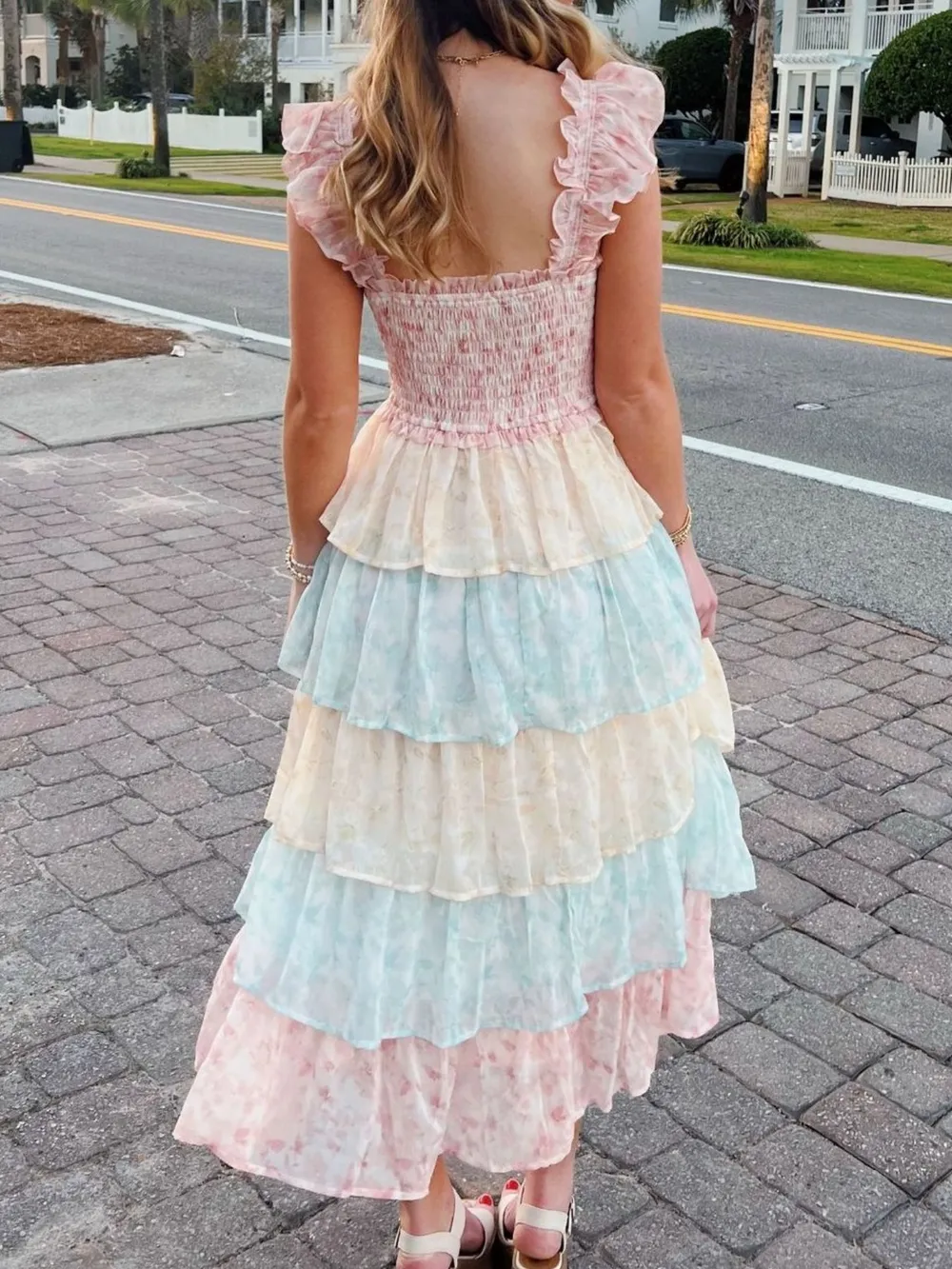 Smocked Ruffle Layered Floral Midi Dress, image 10