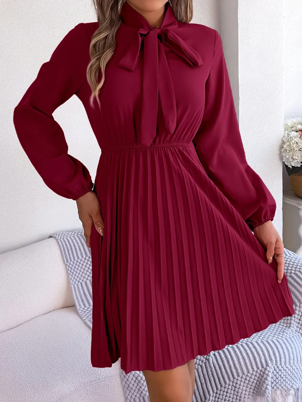 Tie Neck Balloon Sleeve Pleated Dress, image 4