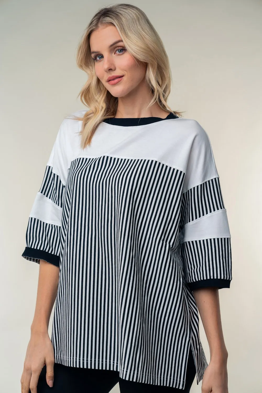 Full Size Striped Contrast Round Neck Top, image 4