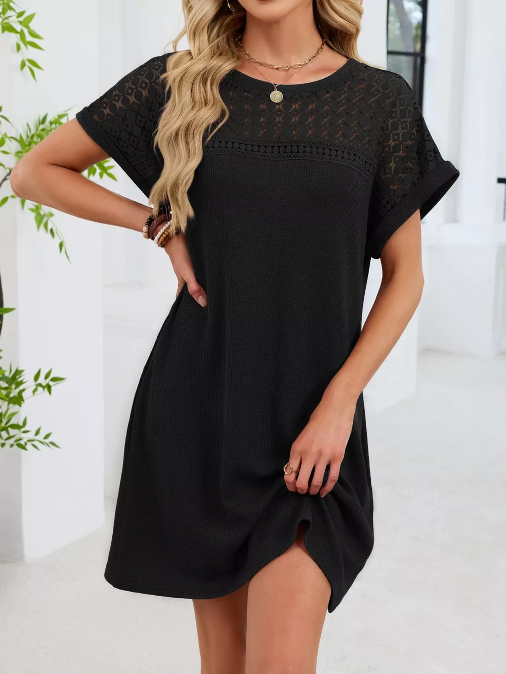 Lace Round Neck Short Sleeve T-Shirt Dress, image 10