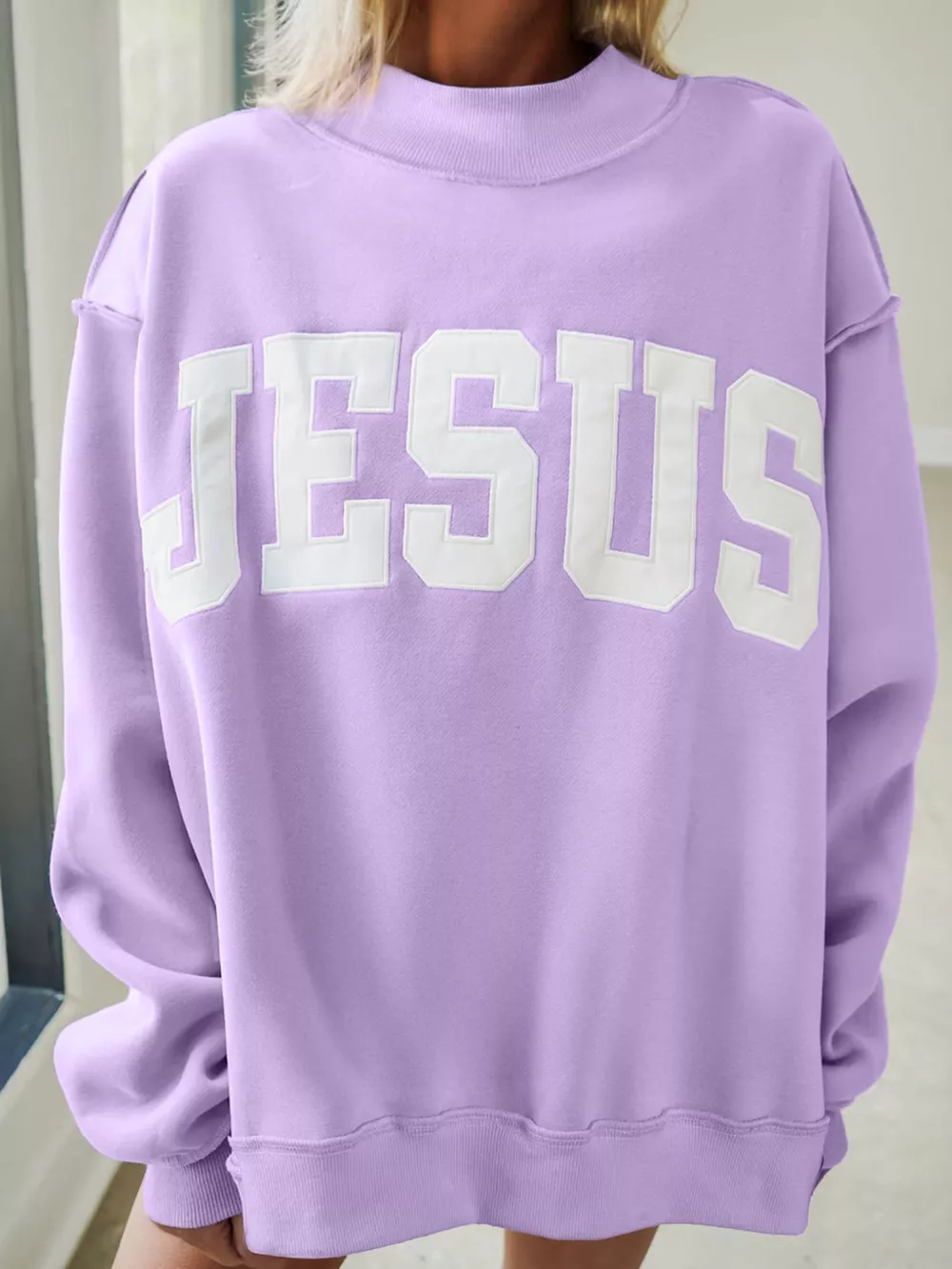 JESUS Letter Patch Graphic Exposed Seam Mock Neck Baggy Sweatshirt