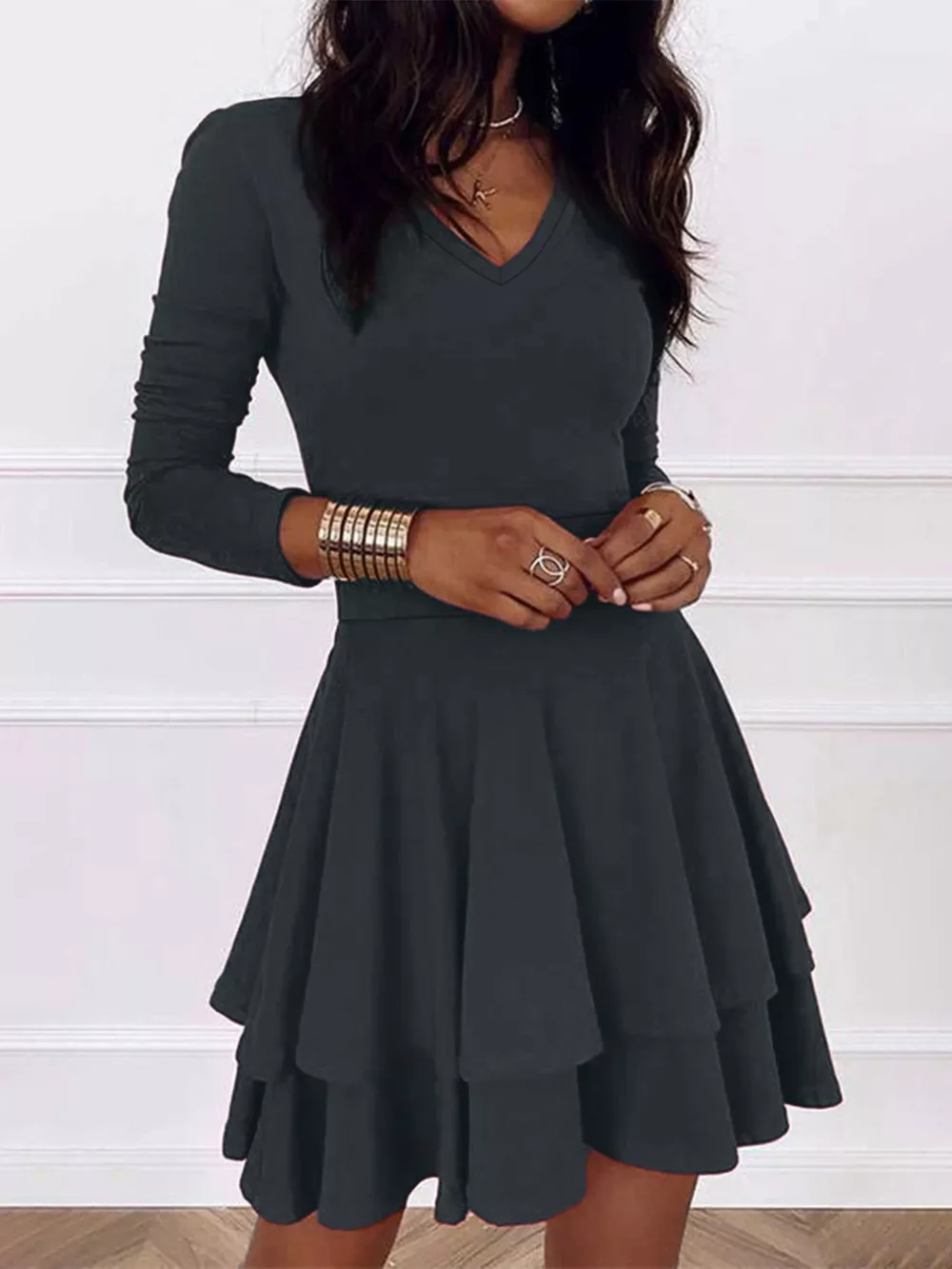 V-Neck Layered Ruffle Mini Dress, image 15