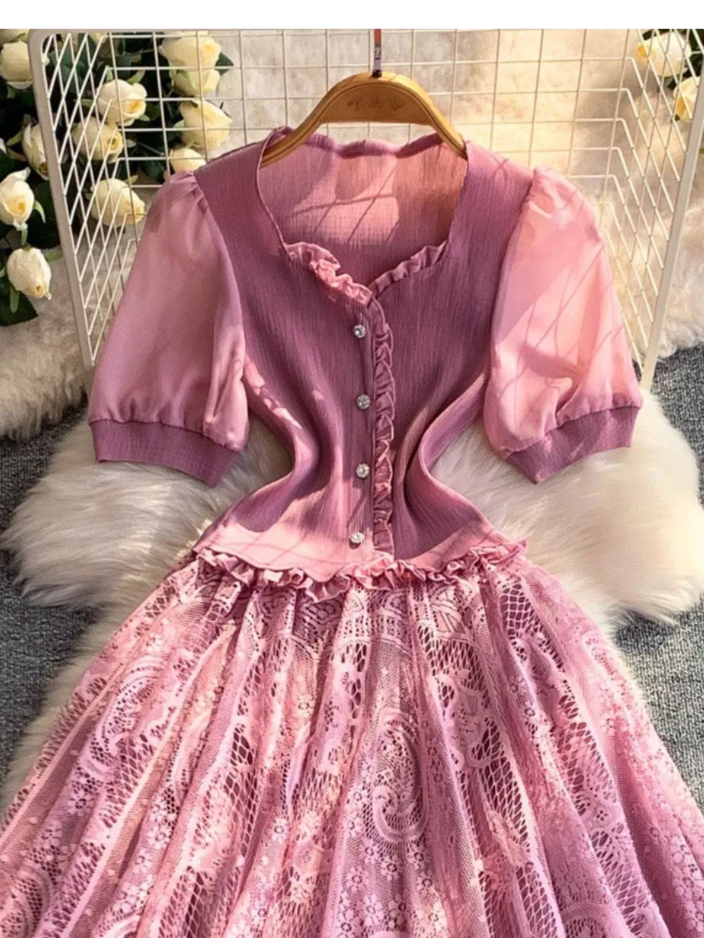 Lace Panel Puff Sleeve Dress, image 8