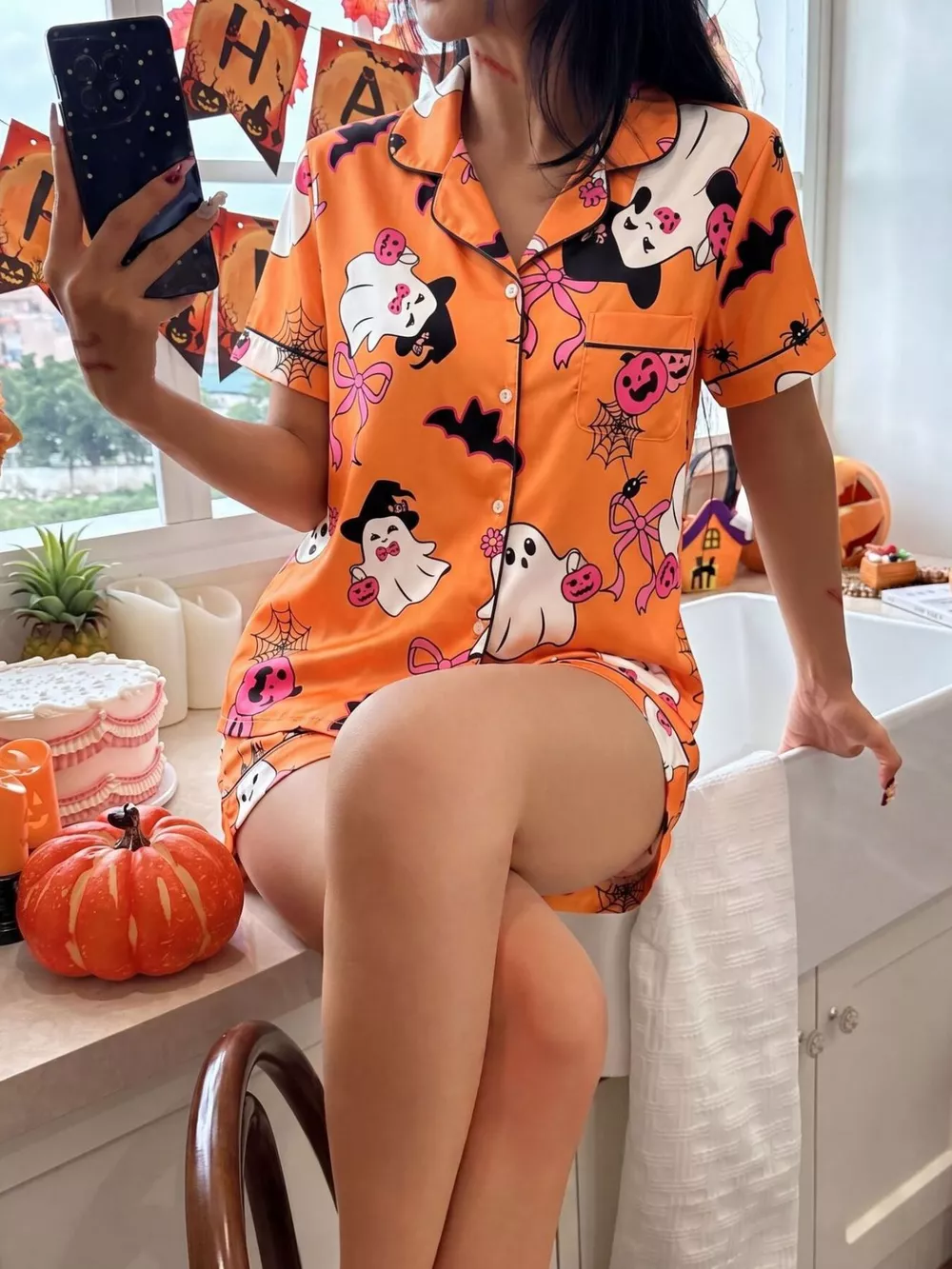 Halloween Ghost Print Button-Down Top and Shorts Lounge Set, image 3