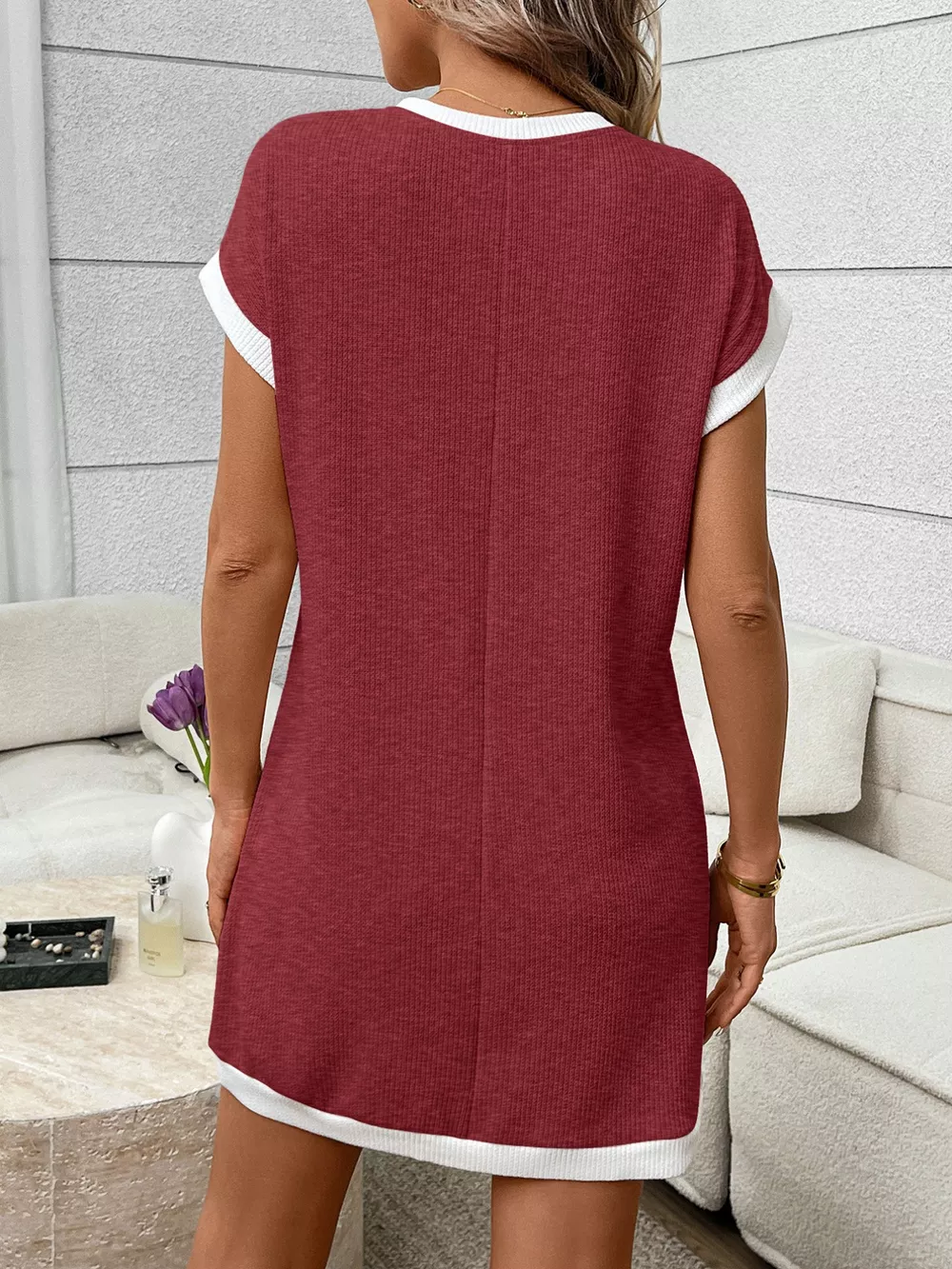Contrast Trim Ribbed Knit Mini Dress with Pocket, image 19