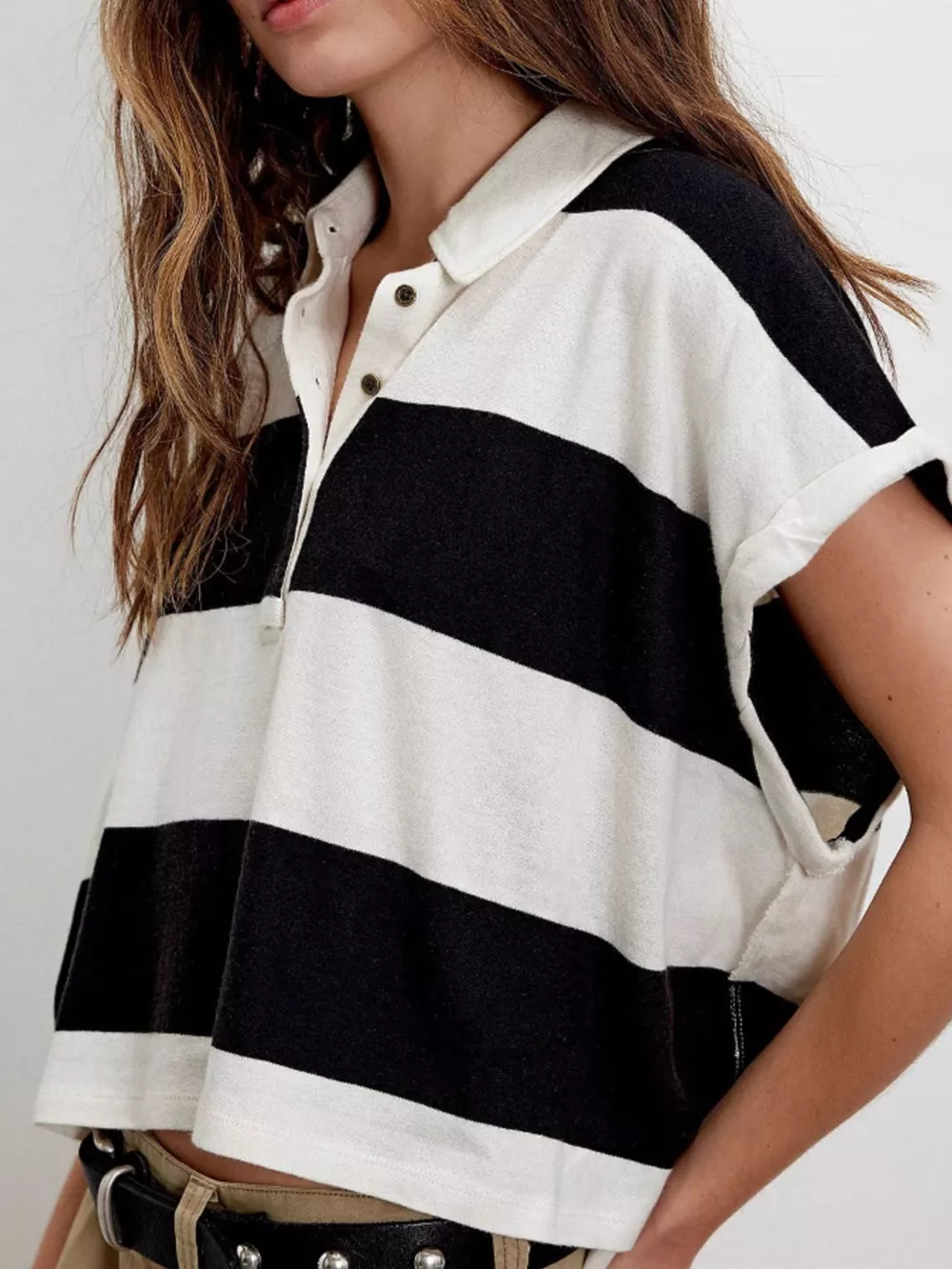 Half Button Striped Short Sleeve Cropped Polo Shirt