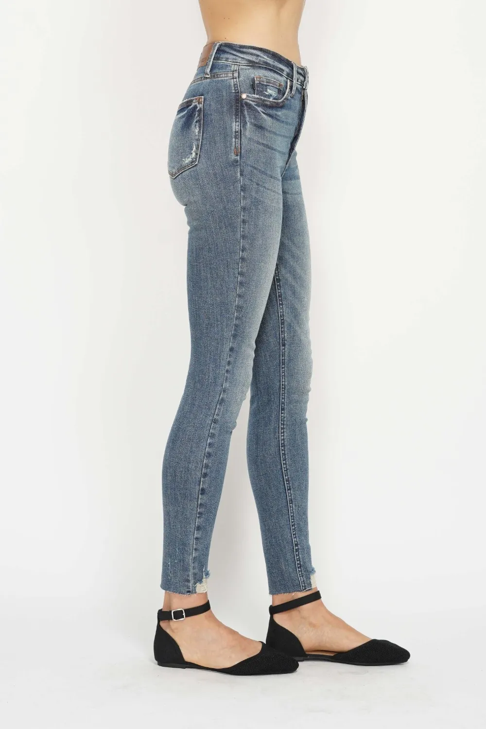 Full Size Tummy Control Vintage Wash Hem Destroy Skinny Jeans, image 5