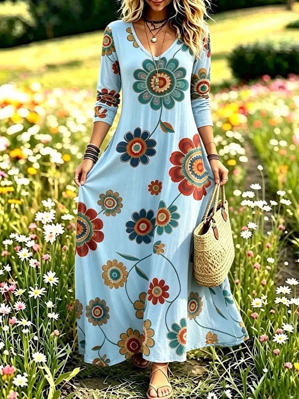 Floral Print V-Neck Long Sleeve Maxi Dress, image 5