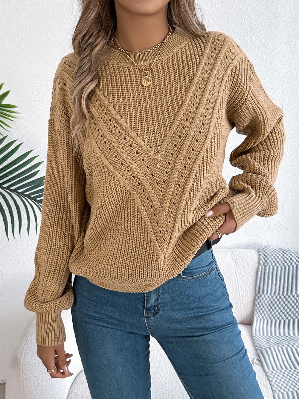 Openwork Round Neck Long Sleeve Sweater, image 18