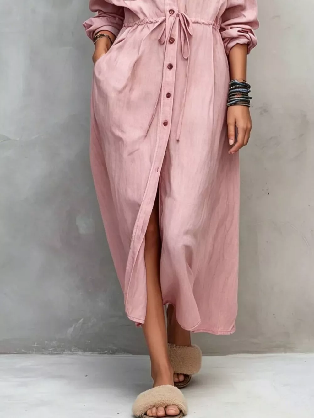 Full Size Button Front Long Sleeve Shirt Dress Plus Size, image 16