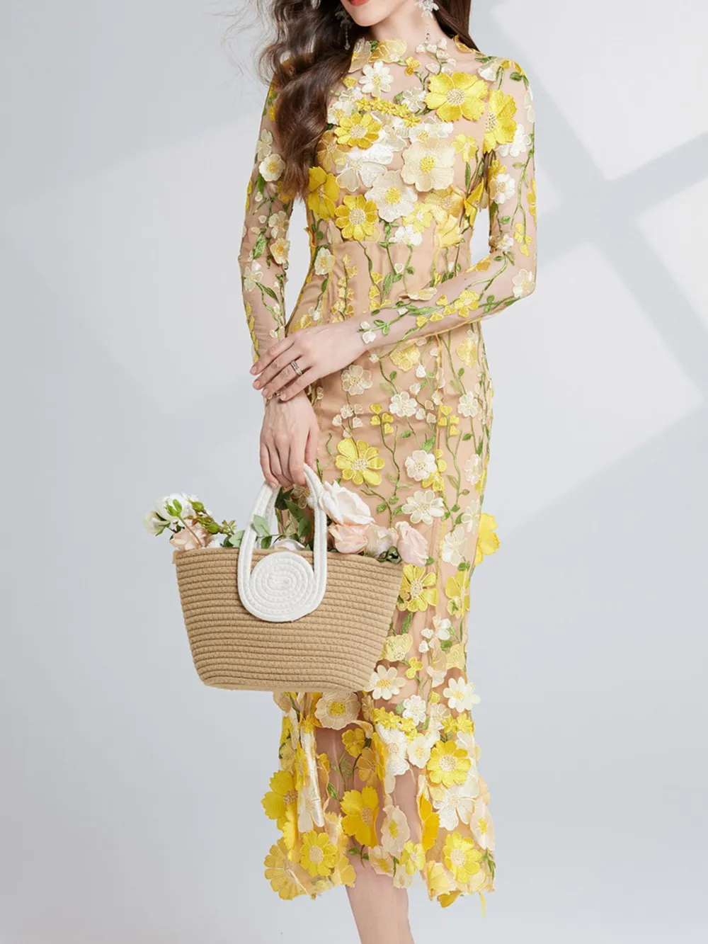 Floral Embroidered Mesh Long Sleeve Midi Dress, image 11