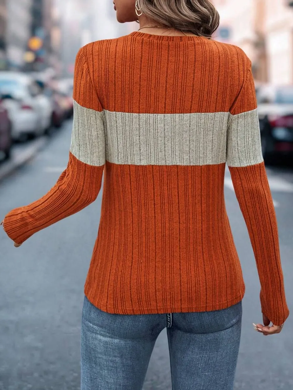 Color Block Round Neck Long Sleeve Top, image 5