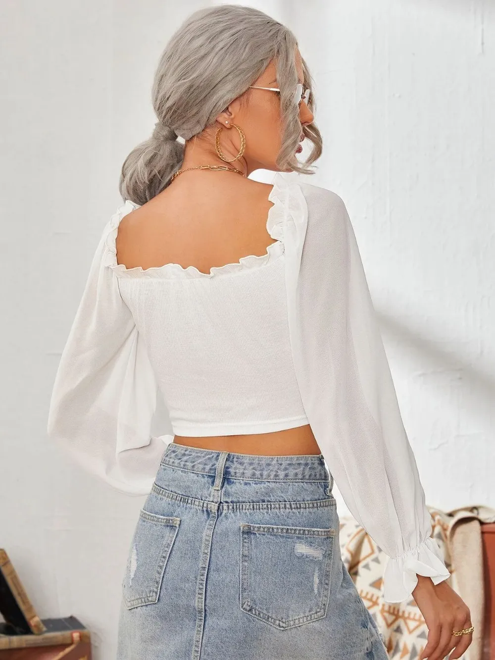 Mesh Sweetheart Neck Flounce Sleeve Top, image 3