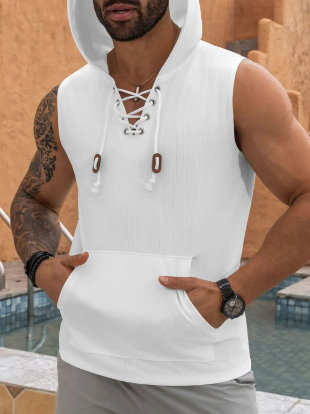 Men's Lace Up Hooded Top, image 3