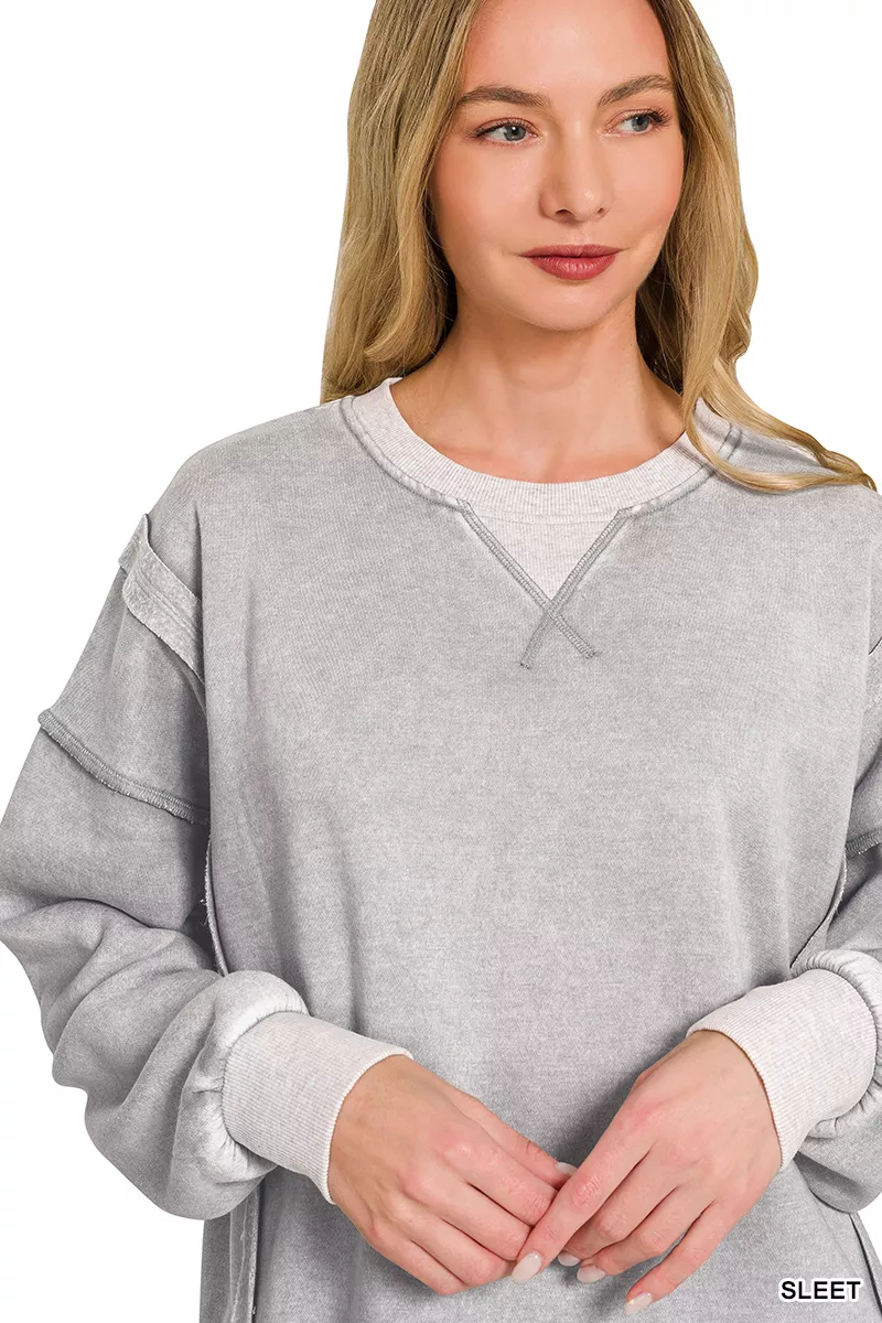 Fleece Acid Washed Contrast Trim Pullover, image 2