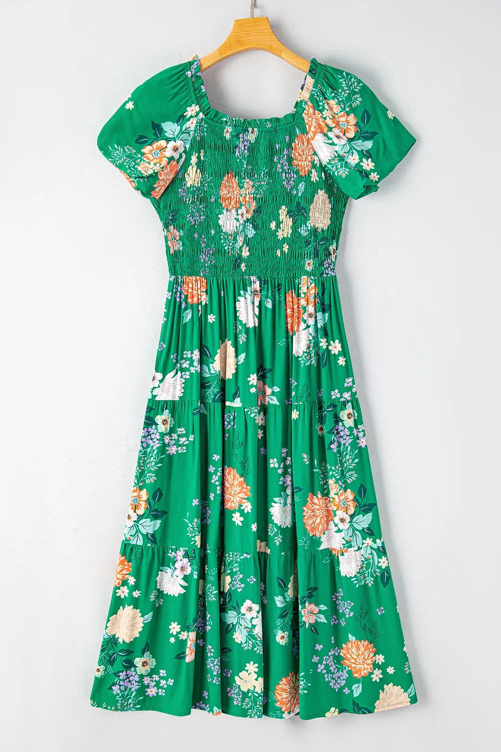Floral Print Bubble Sleeve Smocked Tiered Midi Dress, image 6