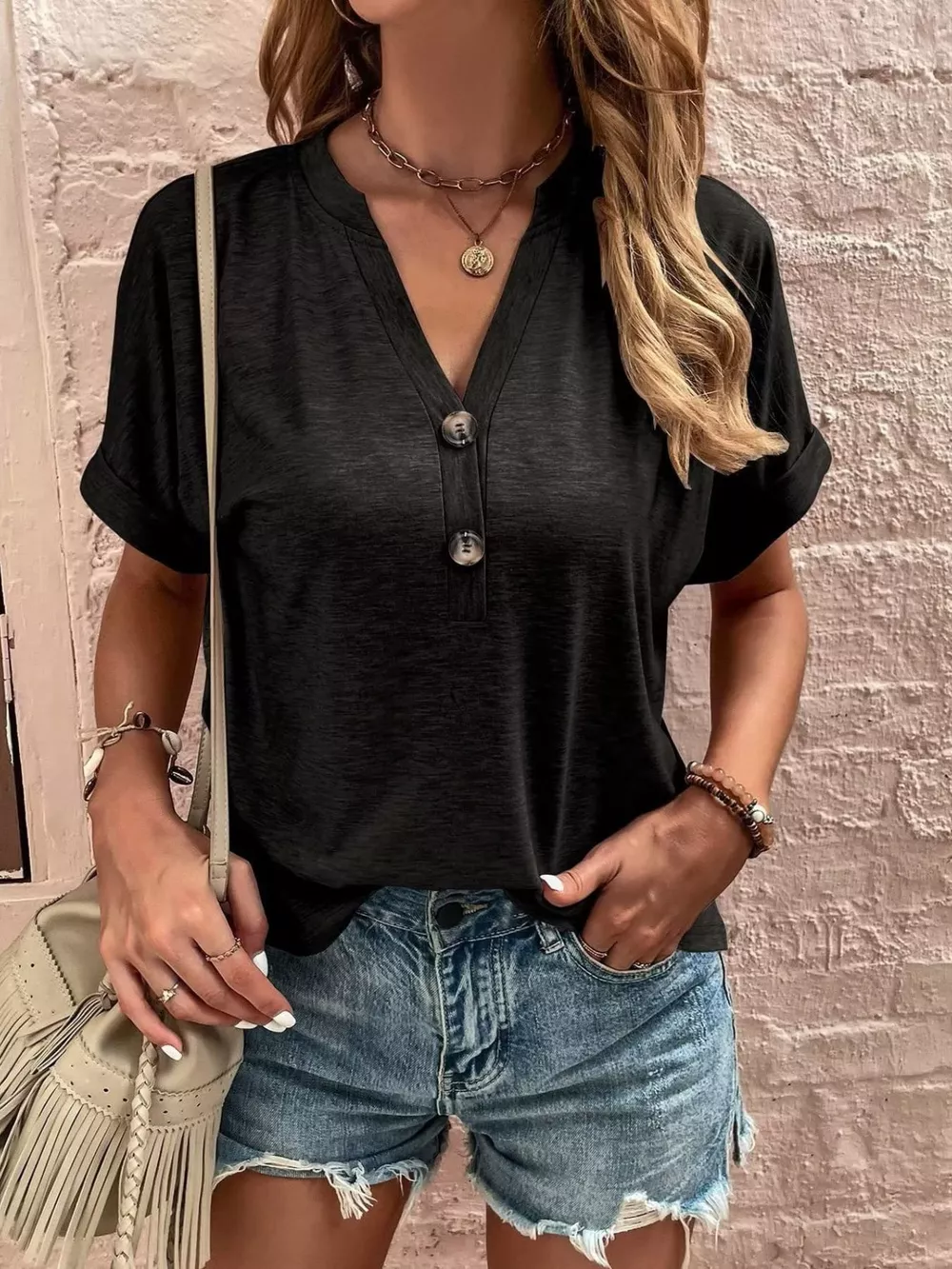 Full Size Notched T-Shirt with Rolled Sleeves Plus Size