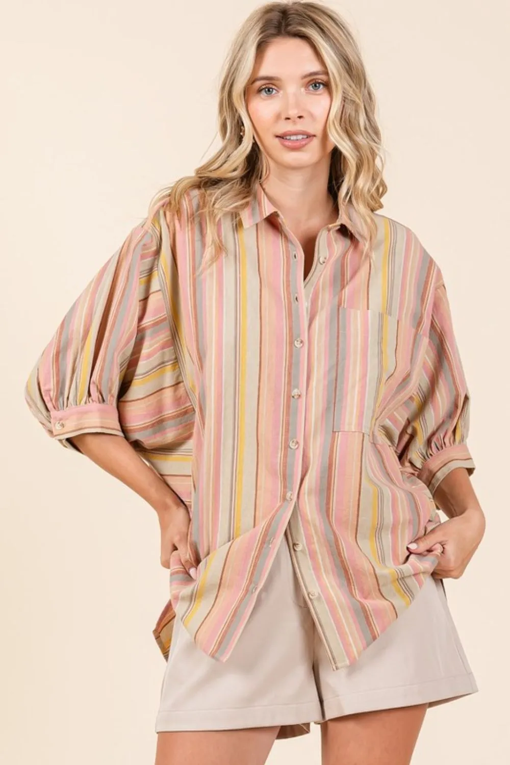 Striped Bubble Sleeve Button Down Shirt, image 7