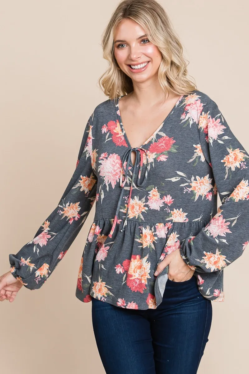 Full Size Babydoll Floral Long Sleeve Blouse, image 4