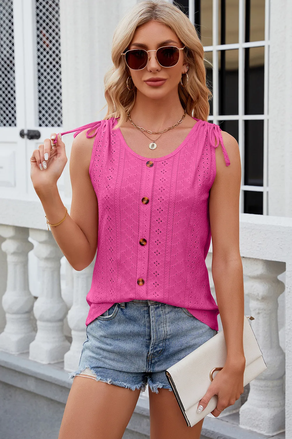 Eyelet Round Neck Wide Strap Tank, image 10