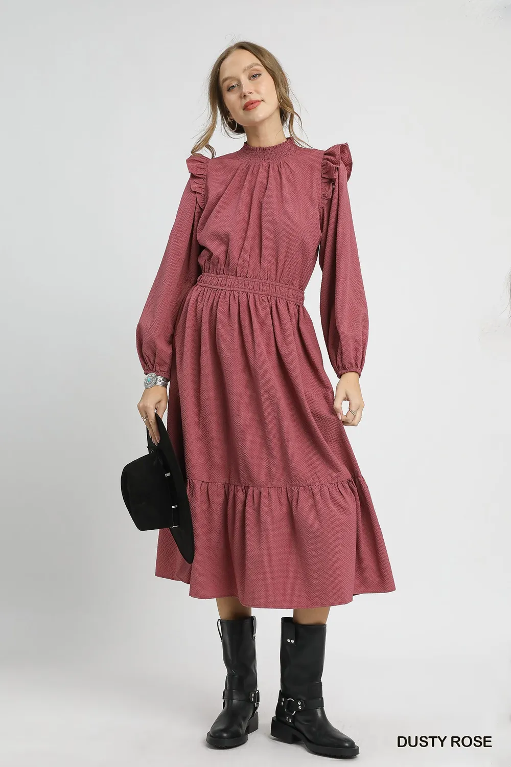 Textured Midi Dress with Ruffle Shoulder Detail, image 3