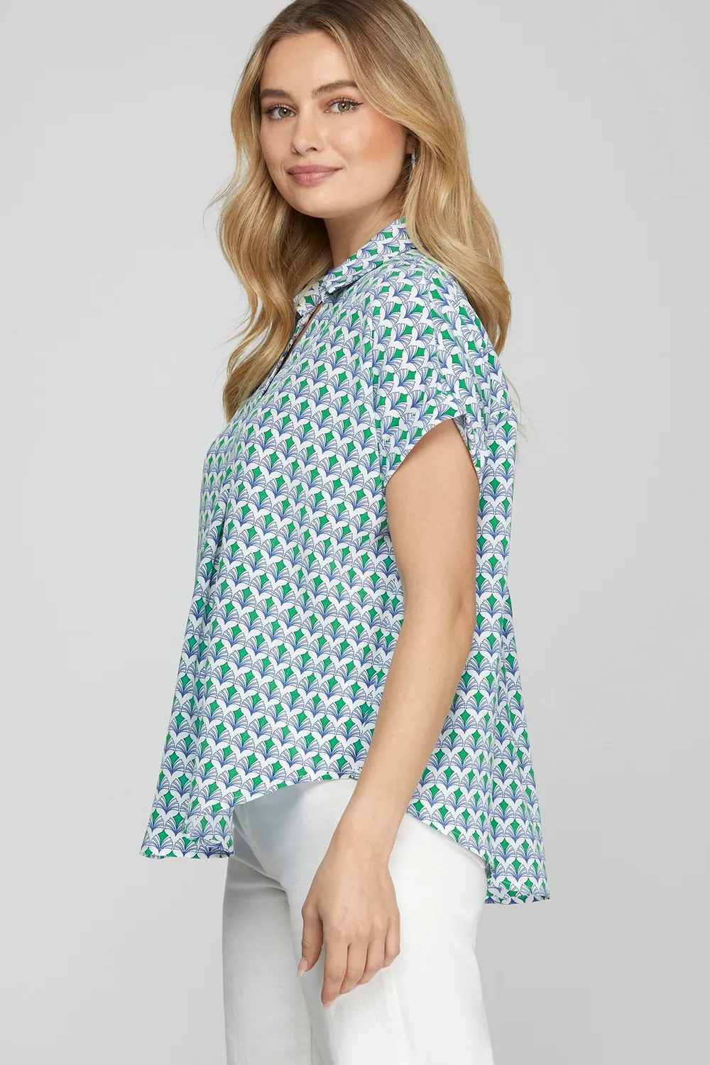 Full Size Printed Johnny Collar Short Sleeve Blouse Plus Size, image 3