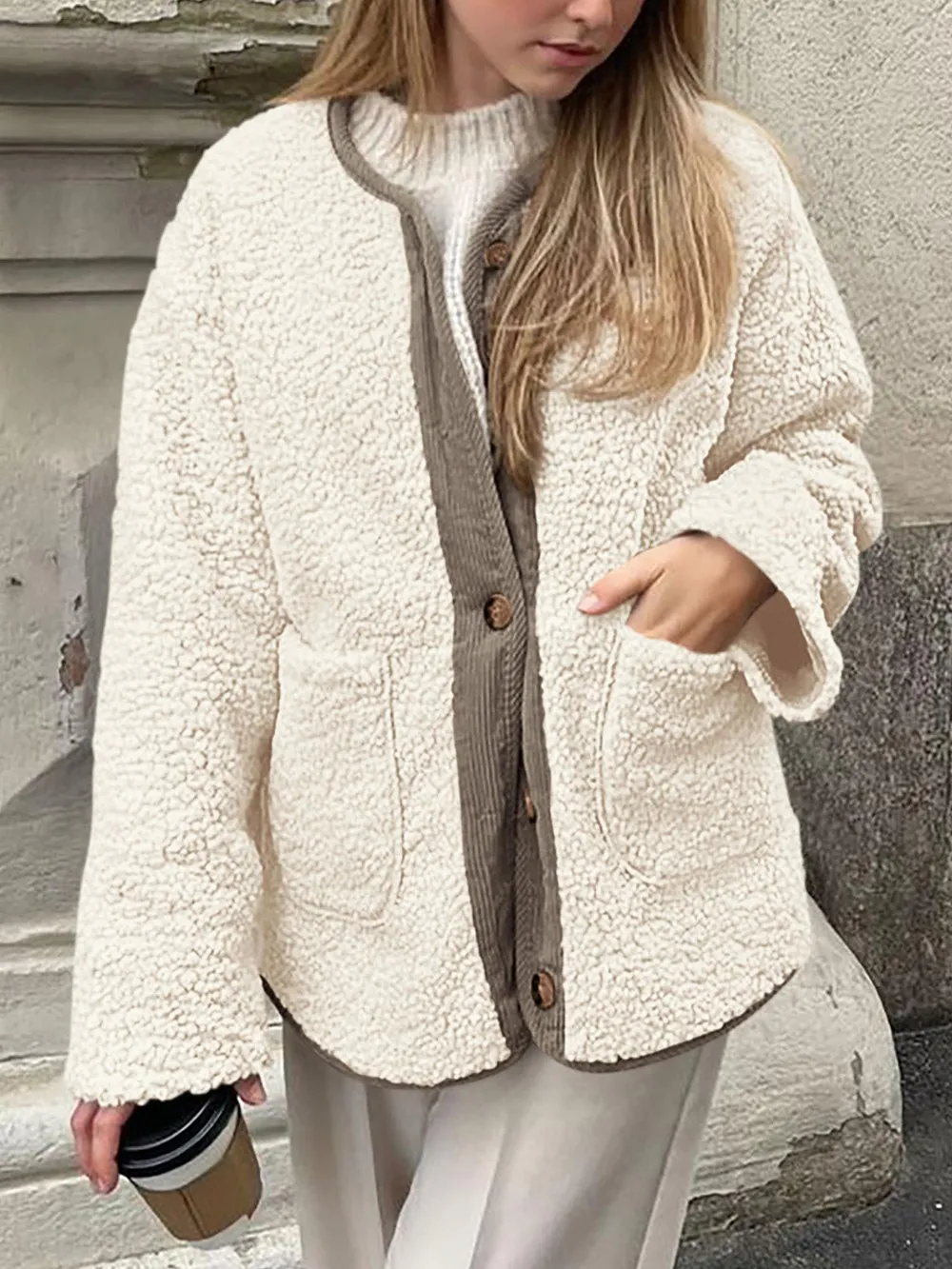 Contrast Button Up Sherpa Jacket with Pockets, image 4