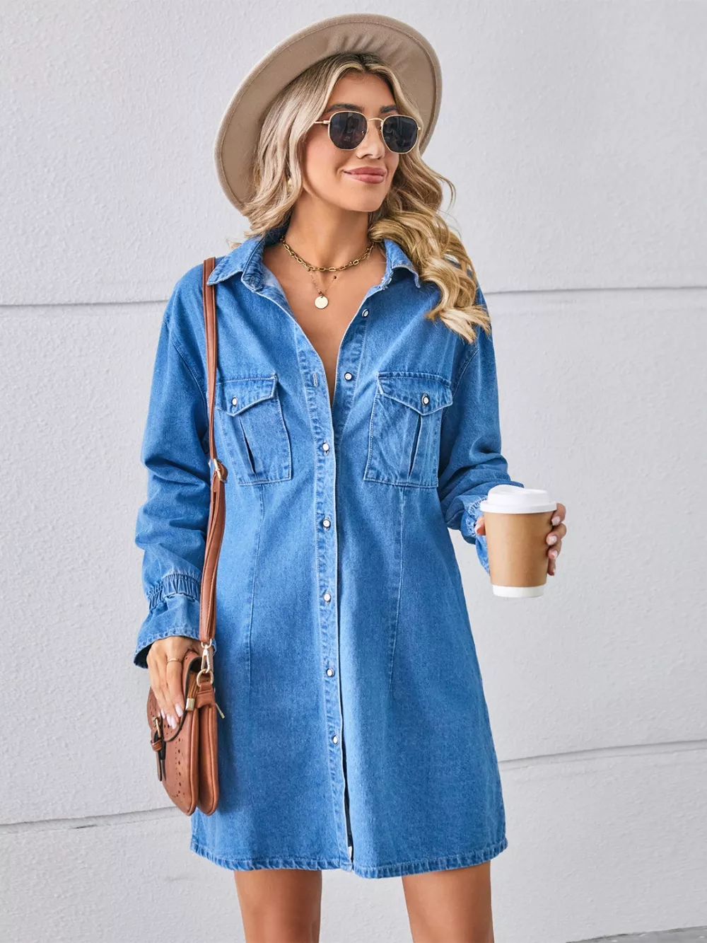 Pocketed Dropped Shoulder Mini Denim Dress, image 4