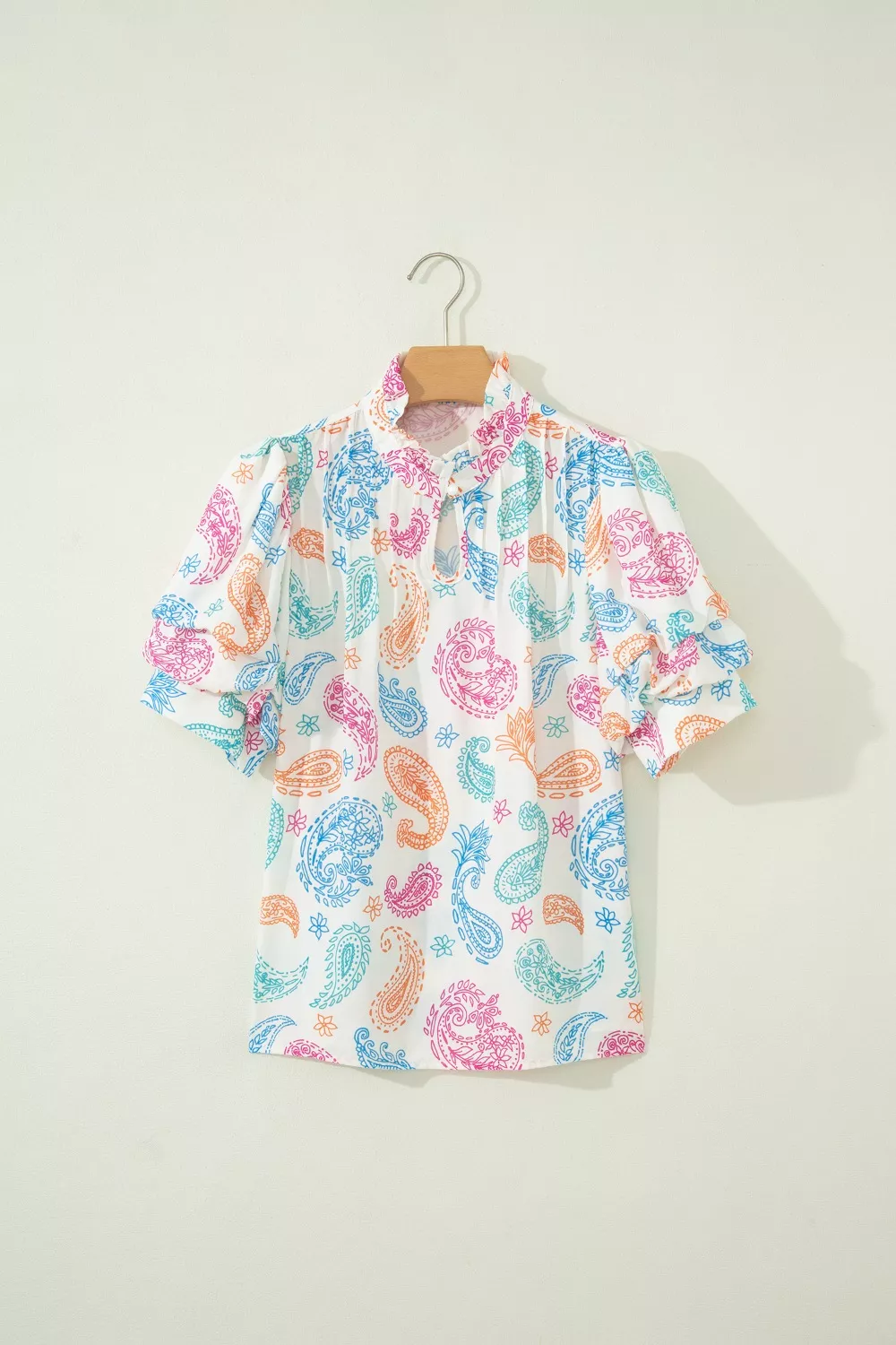 Multicolour Vibrant Paisley Printed Button Keyhole Puff Sleeve Blouse, image 4