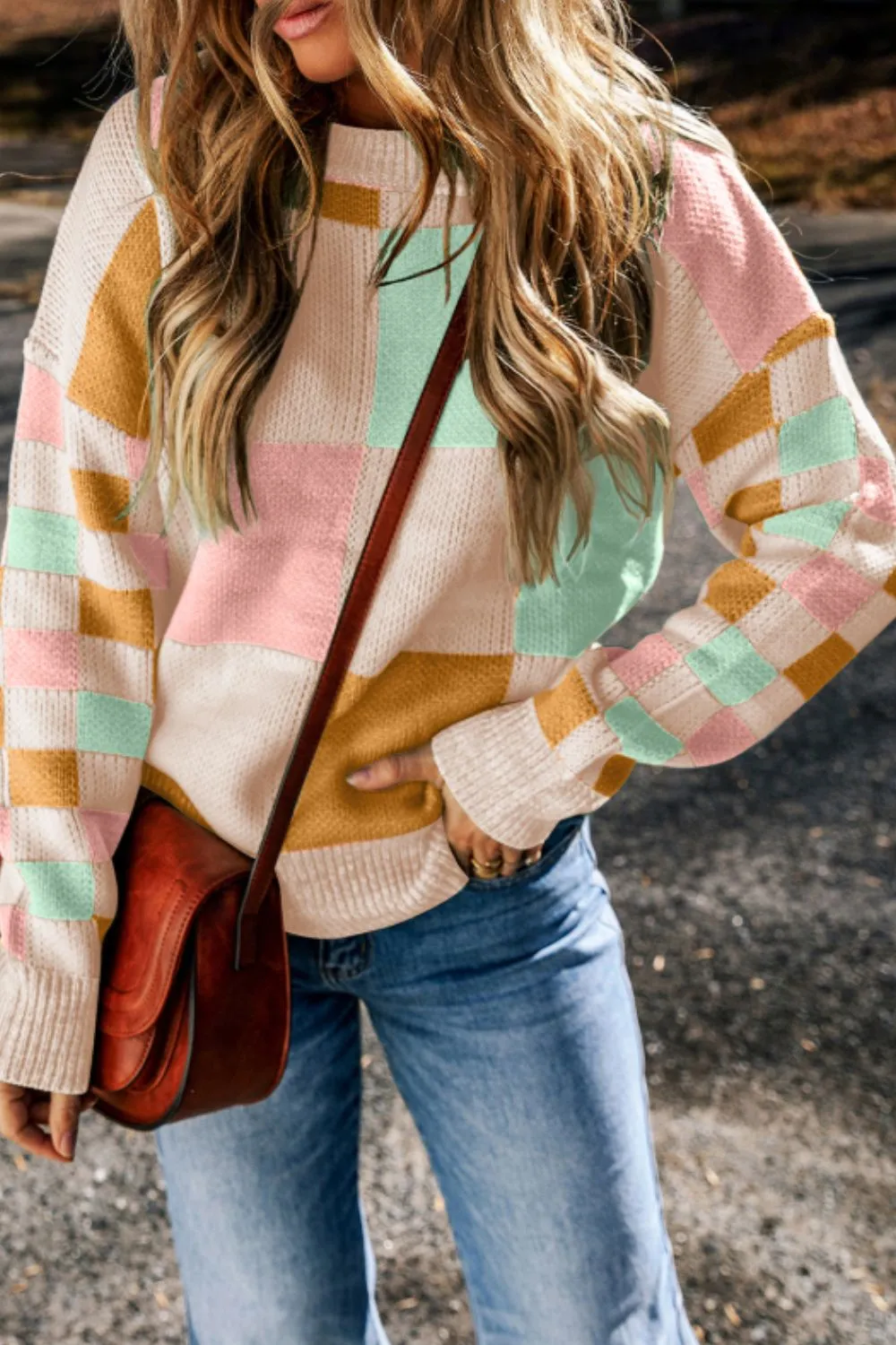 Checkered Round Neck Drop Shoulder Sweater, image 13