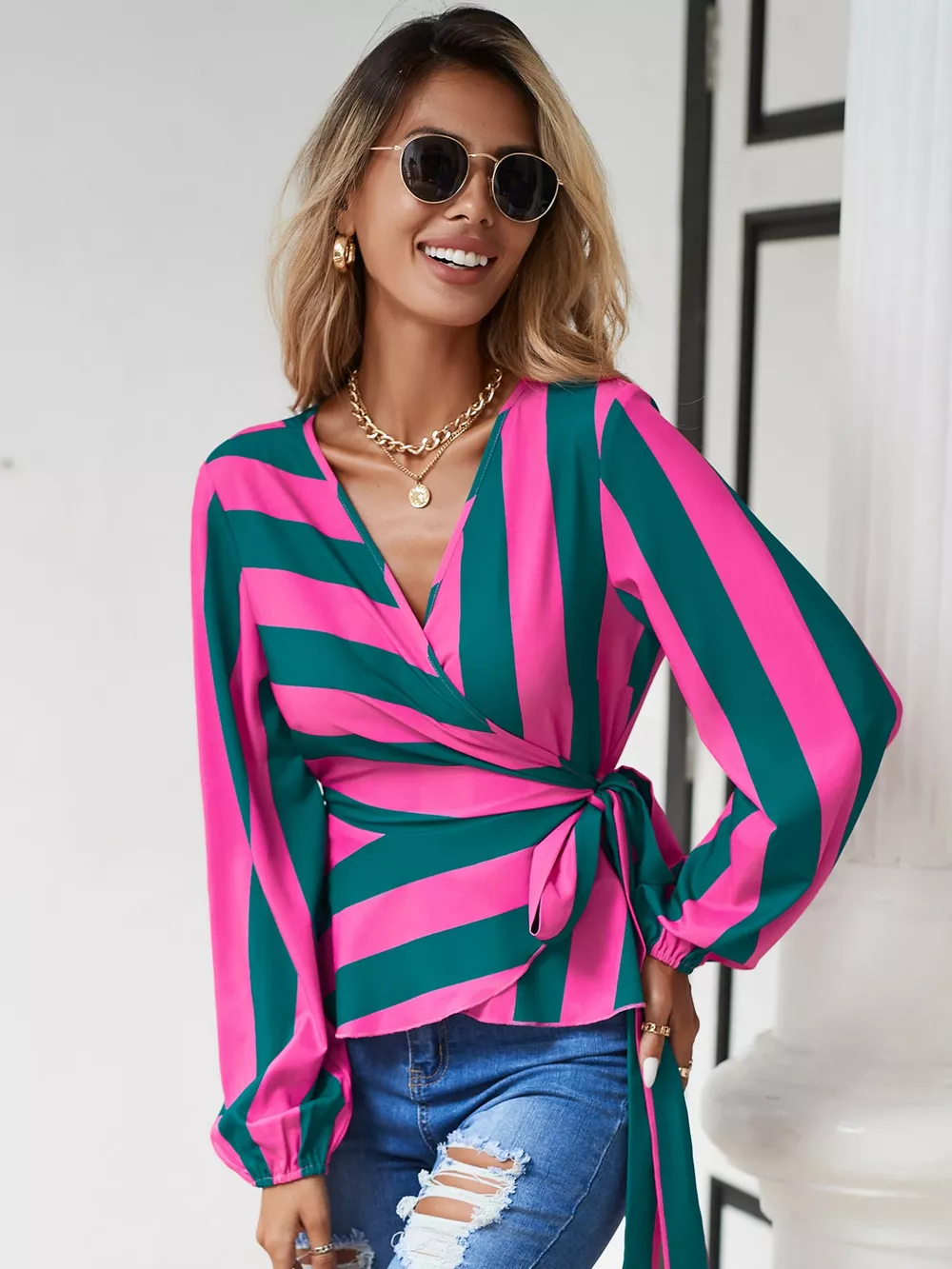 Striped Wrap Blouse with Tie Detail, image 5