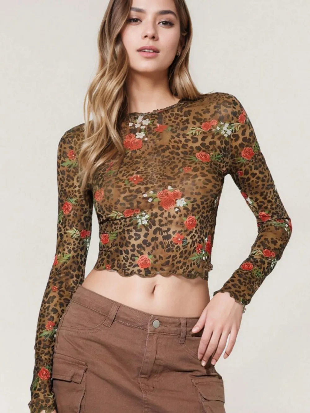 Leopard Floral Round Neck Long Sleeve Mesh T-Shirt, image 4