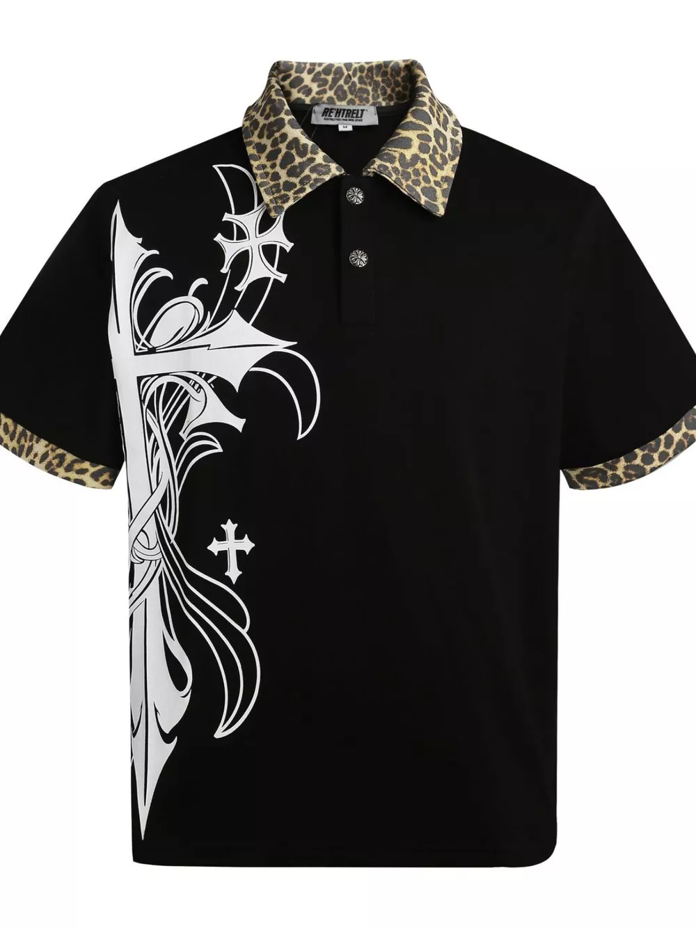 Men's Gothic Cross Print Polo with Leopard Collar, image 3