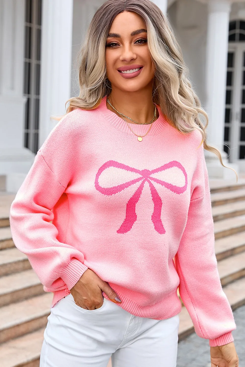 Bow Round Neck Long Sleeve Sweater, image 4