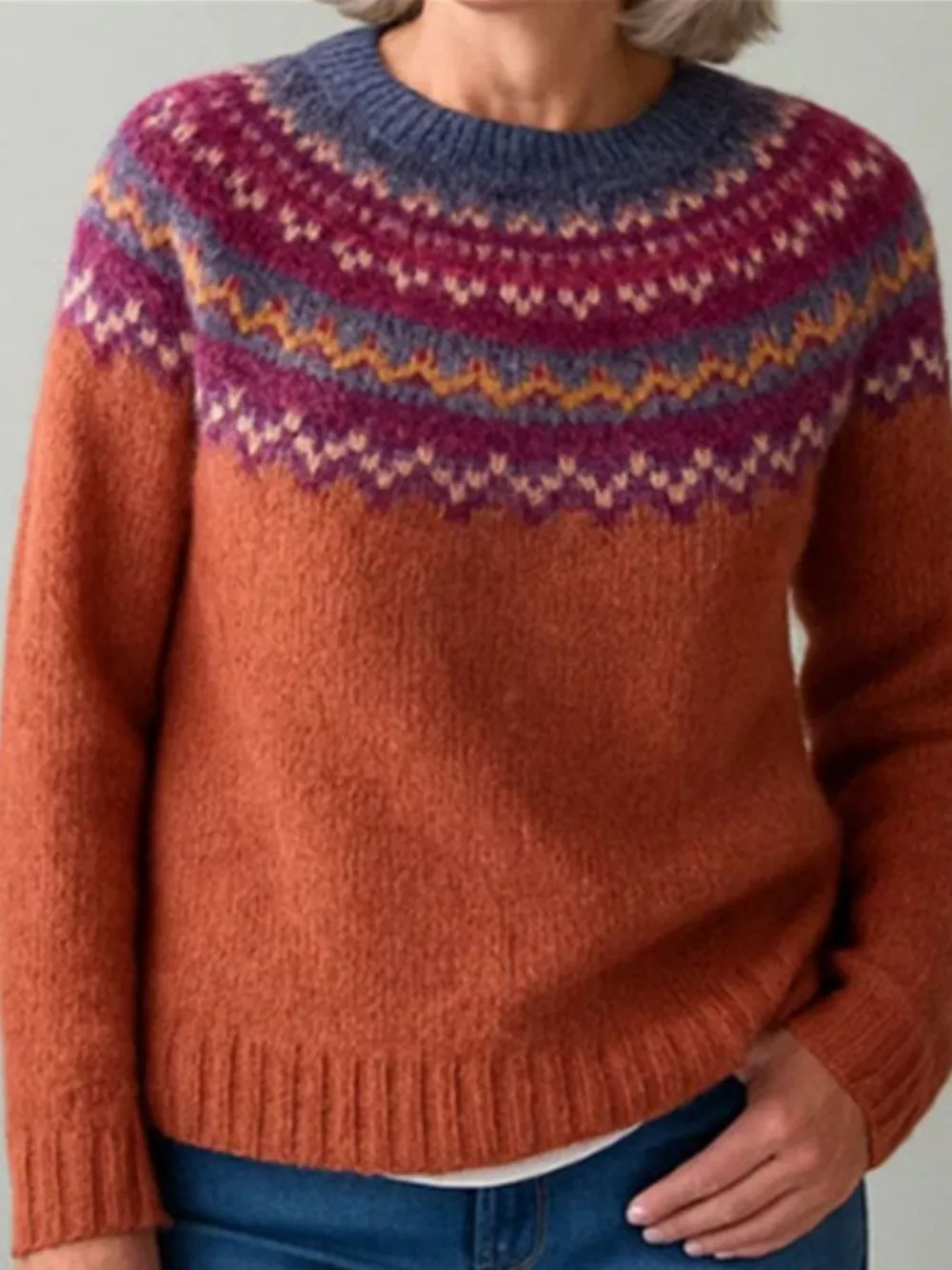 Full Size Vintage Patterned Round Neck Sweater Plus Size, image 22