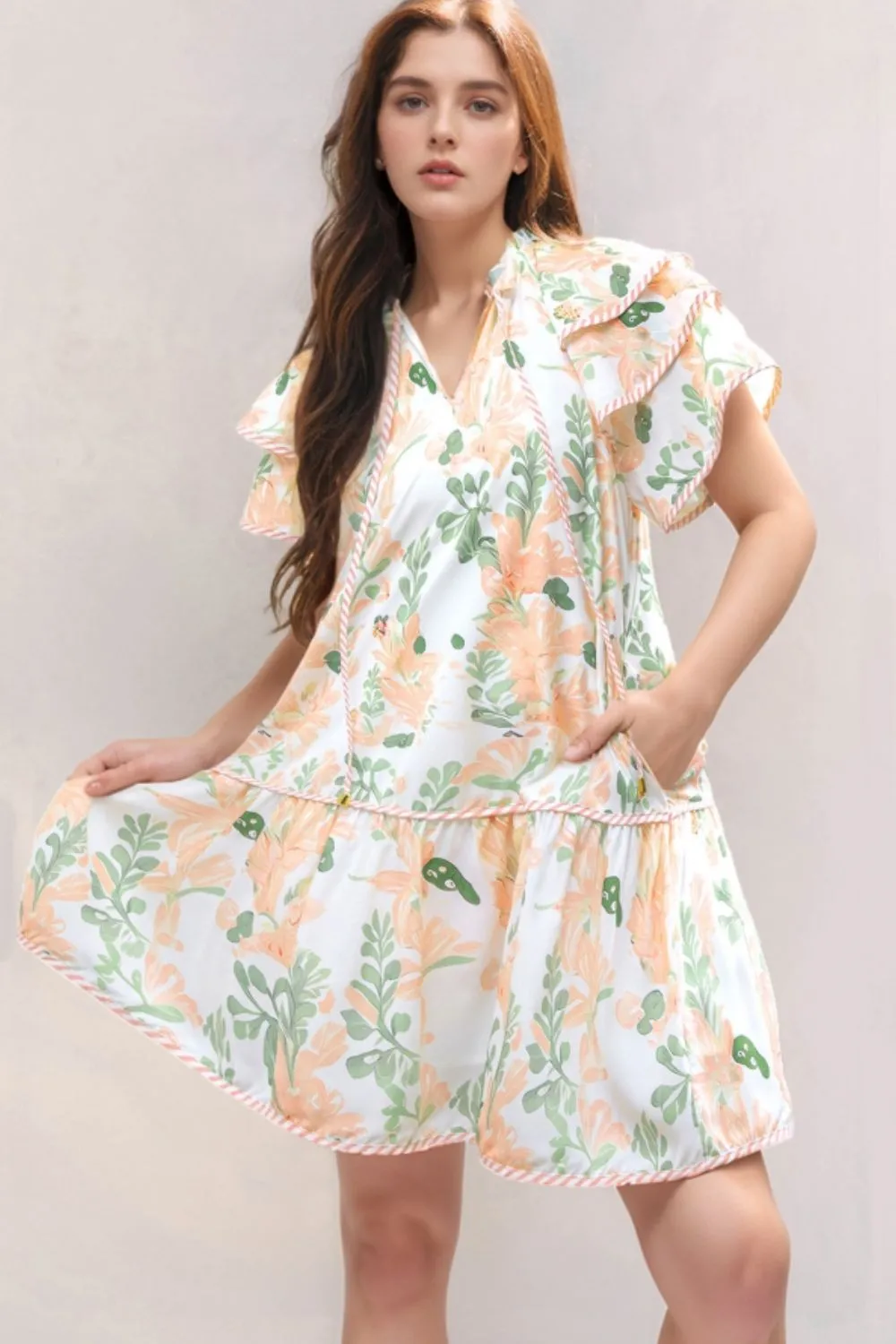 Floral Tie Neck Layered Short Sleeve Dress, image 7