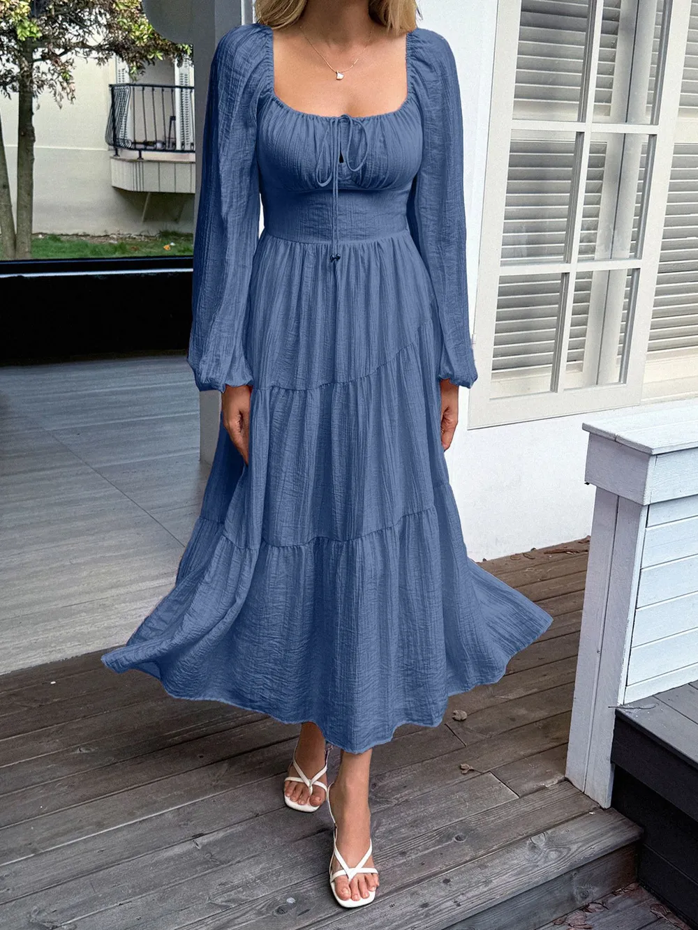 Tiered Balloon Sleeve Midi Dress, image 8