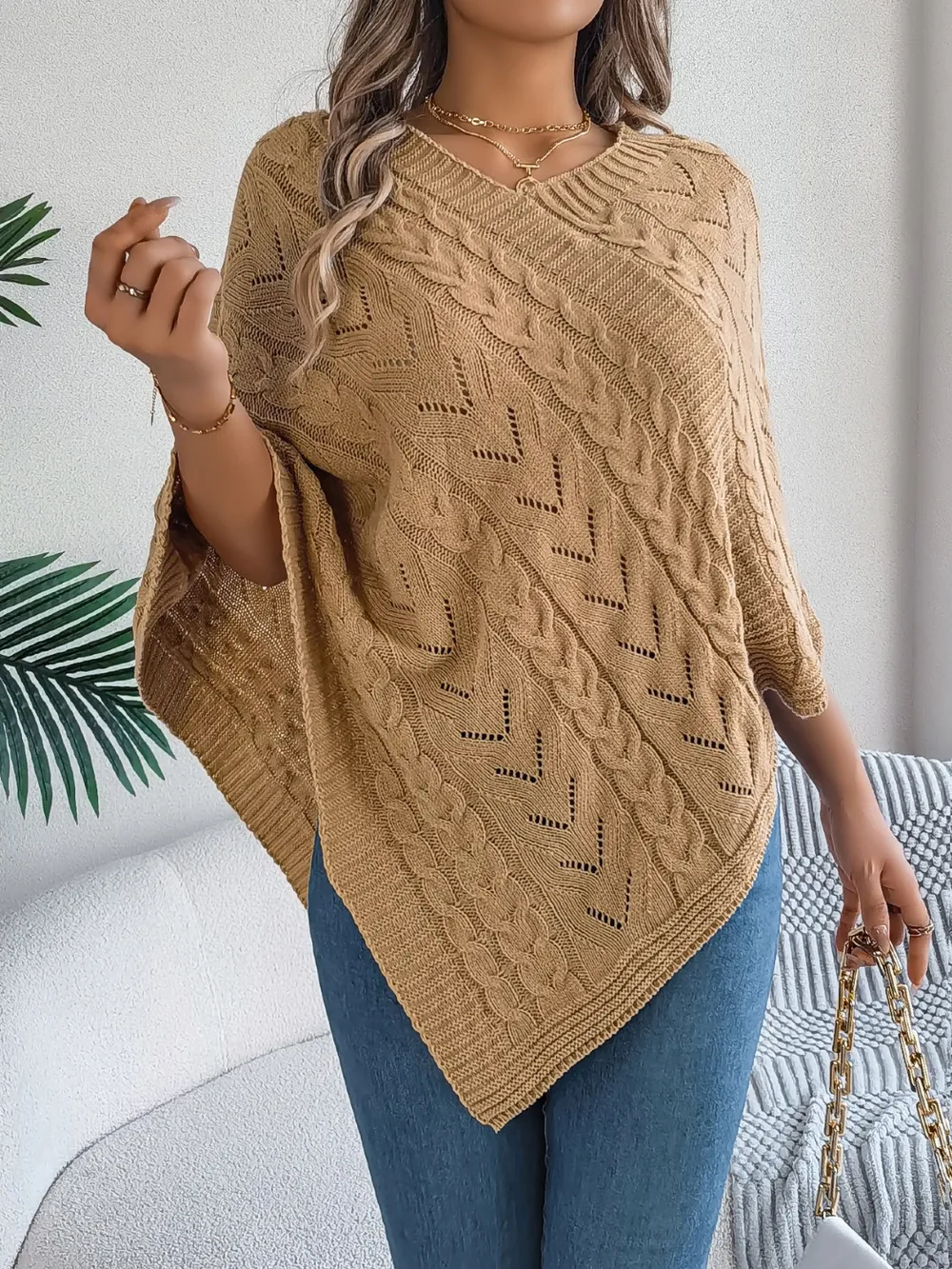 Cable-Knit Openwork Three-Quarter Sleeve Sweater, image 10