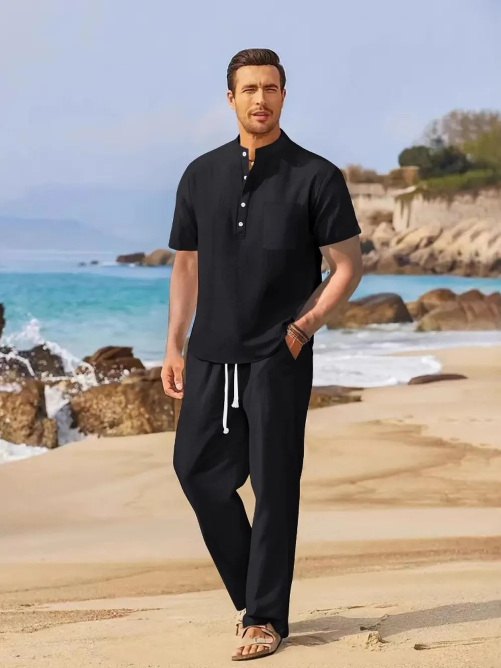 Men's Full Size Half Button Top and Drawstring Pants Set Plus Size, image 2