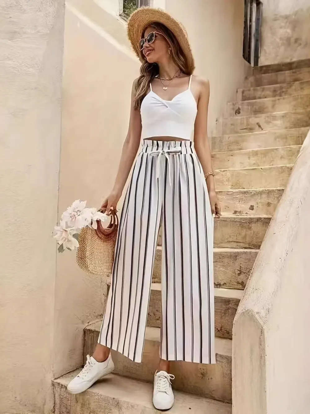 Tied Striped Wide Leg Pants, image 3