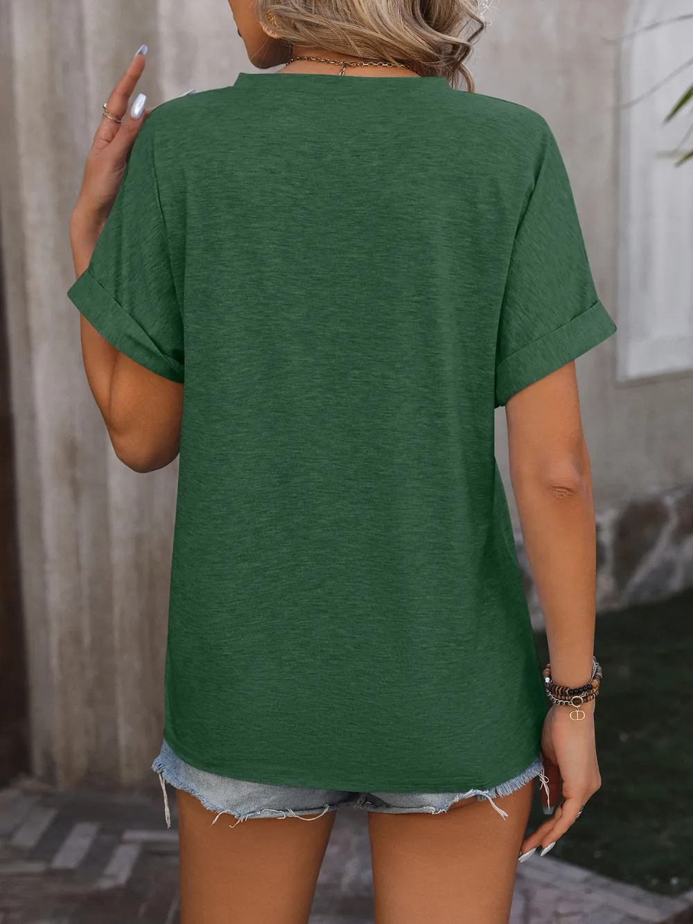 Notched Buttoned Short Sleeve T-Shirt, image 12
