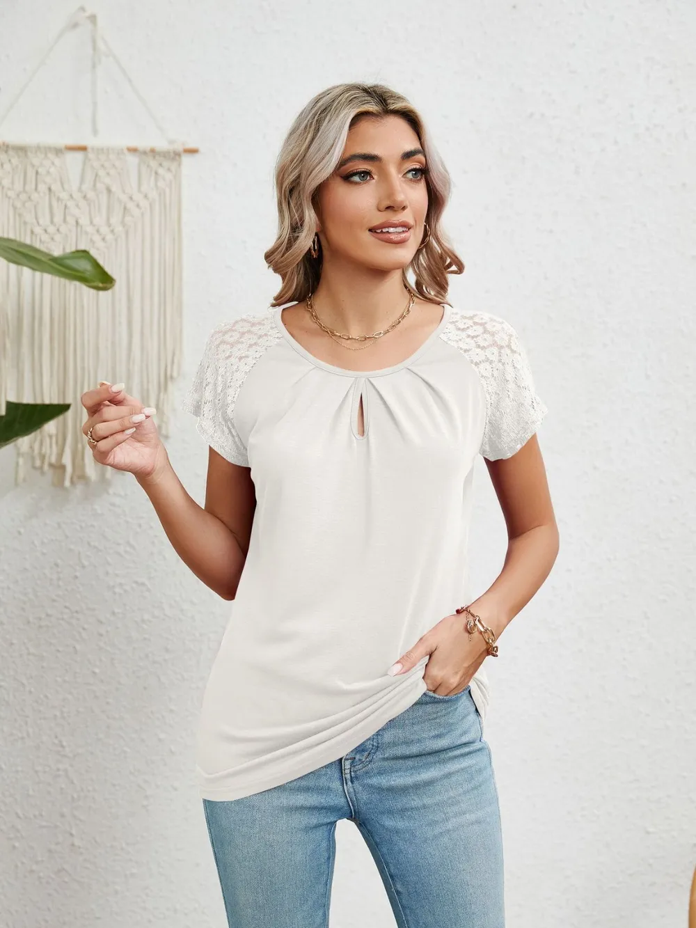 Lace Detail Round Neck Short Sleeve T-Shirt, image 11