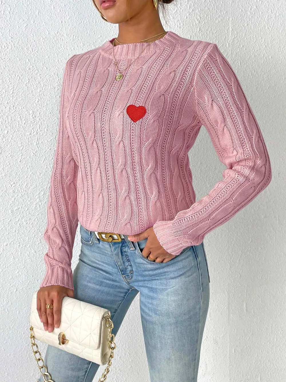 Cable-Knit Heart Round Neck Long Sleeve Sweater, image 4
