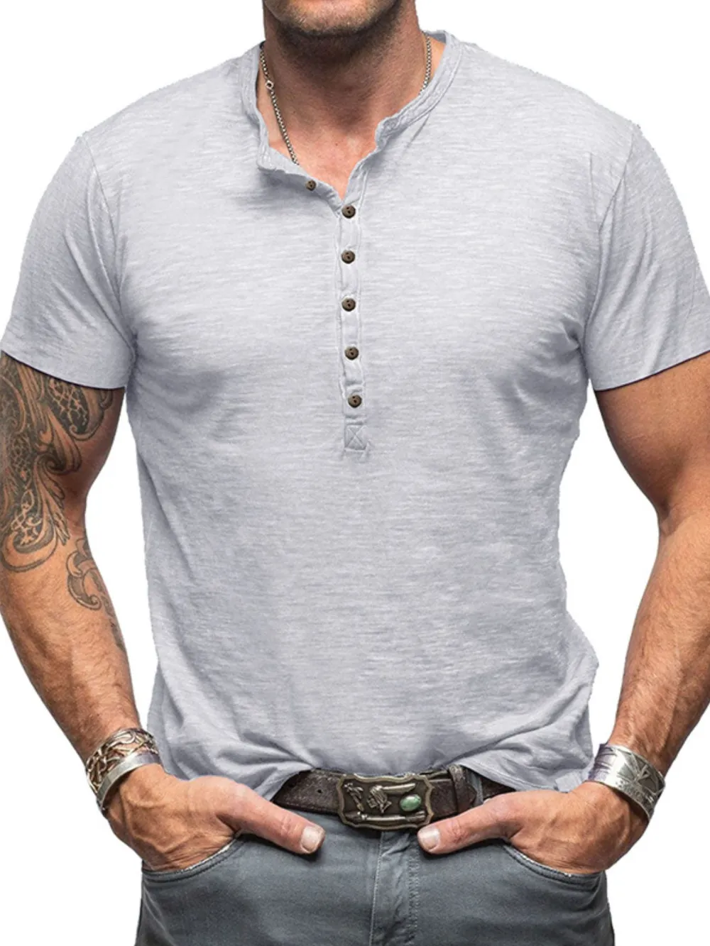 Men's Casual Henley Short Sleeve Button Top, image 8