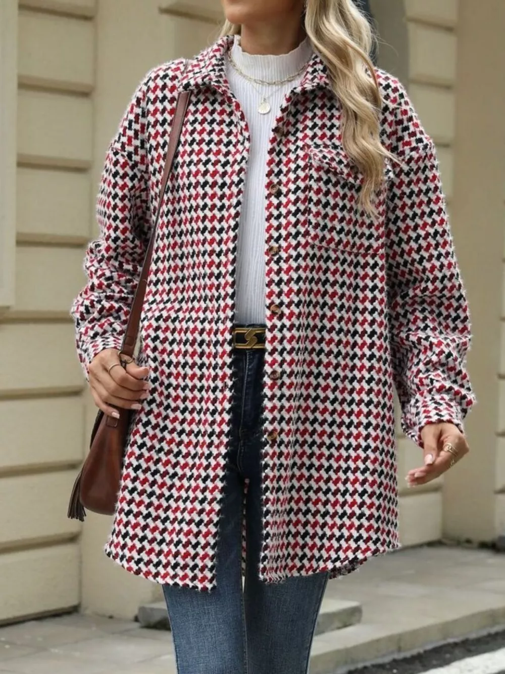 Houndstooth Button Up Long Sleeve Coat, image 13