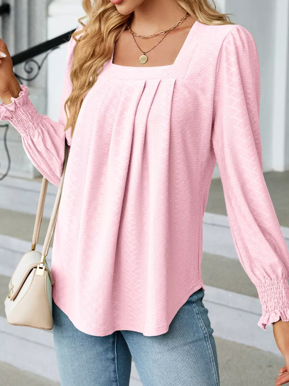 Pleated Square Neck Long Sleeve Top, image 17