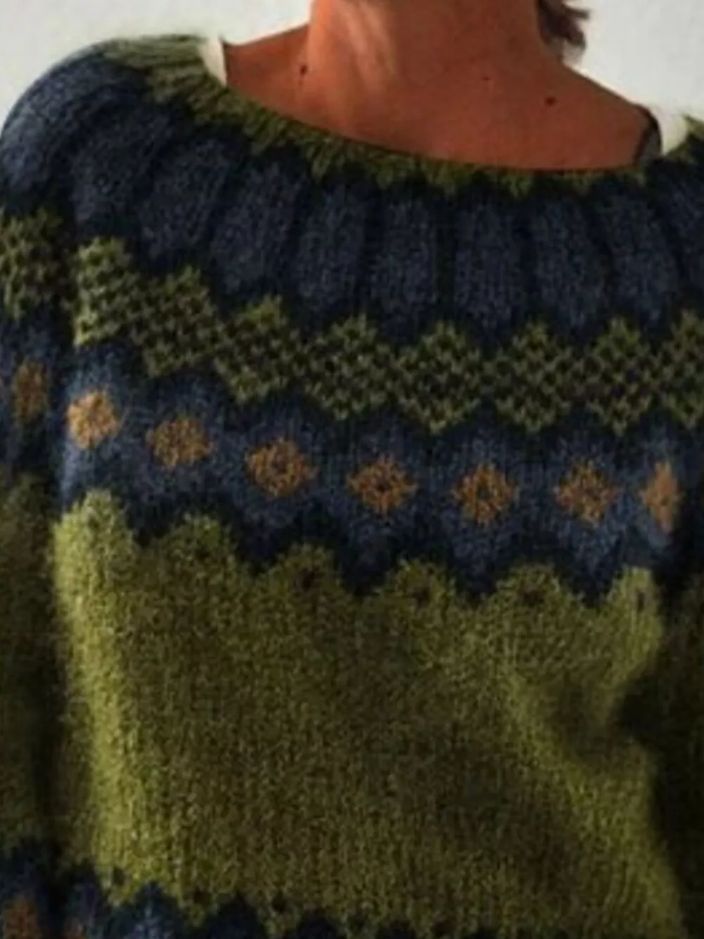 Full Size Vintage Patterned Round Neck Sweater Plus Size, image 2